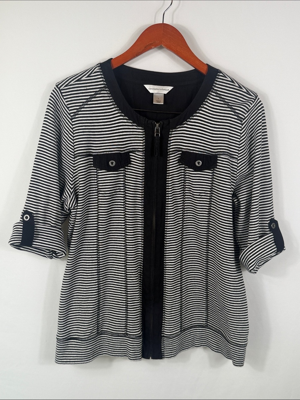 Christopher & Banks Black and White Striped Zip Top. 100% Cotton. Size L